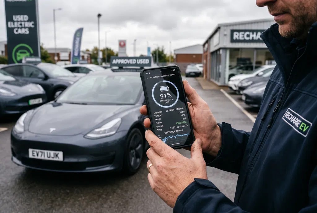 Tablet displaying an EV battery state of health report held in front of a used electric car on a lot.
