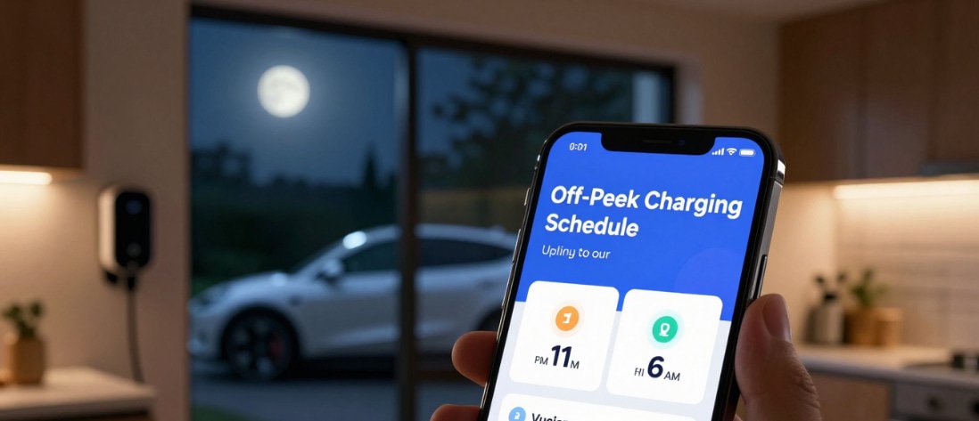 Smartphone showing a utility time-of-use rate schedule with EV charging set for off-peak hours