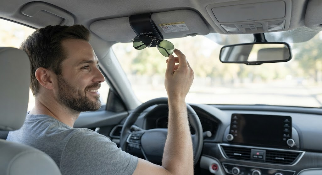  Driver easily grabbing sunglasses from Ompellus visor holder while seated in car