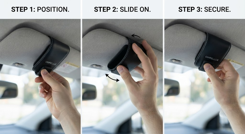Installing Ompellus sunglass holder on car visor in seconds without tools