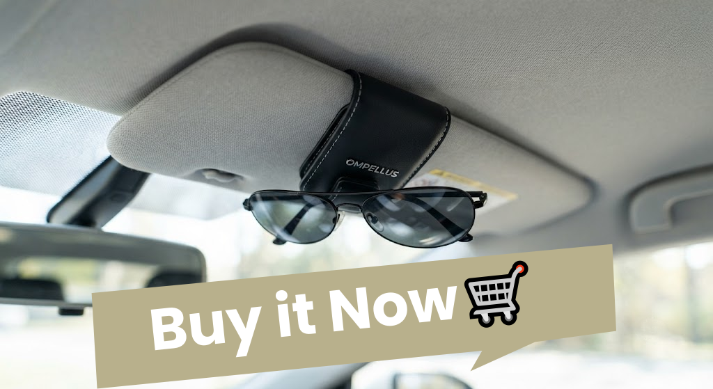 Ompellus magnetic sunglass holder clipped to car sun visor with sunglasses attached